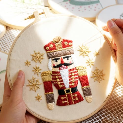 Christmas Embroidery Kit DIY Hand Embroidery Starter Cross Stitch Kits, Christmas Ornaments Embroidery with Stamped Pattern,Cotton,Threads,Needles,Instructions for Adults Beginners (Nutcracker) - color: Nutcracker