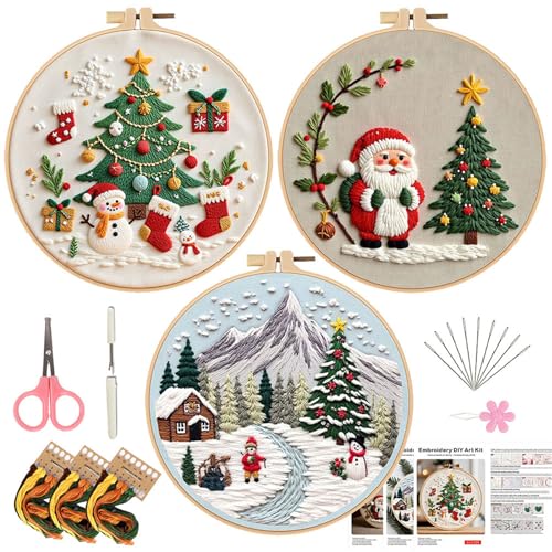 LB Red Christmas Embroidery Kit for Beginners Adults, 3 Sets Hand Embroidery Starter Kit with Santa Pattern and Instructions Stamped Cross Stitch Kits Include Embroidery Hoop Needles Threads Scissors - color: Green Gold