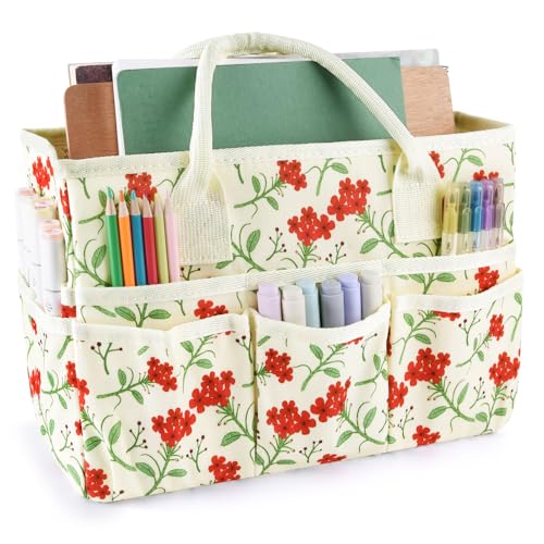 Craft Organizer Tote Bag with Multiple Pockets,Scrapbooking Art Storage - color: Red Flower