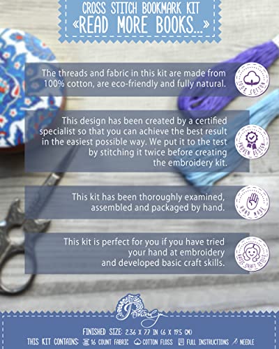 Povitrulya Boooooks' Counted Cross Stitch Bookmark Kit for Adults - DIY Embroidery Book Marker Set with Paper Pattern, 16 Count Aida Canvas and Pre-Sorted Floss - color: Boooooks
