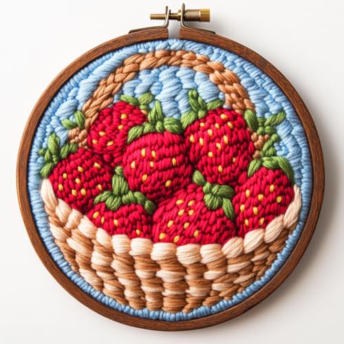 Punch Needle Kits for Beginners Red Strawberries in Basket 20x20cm-4 - color: 16-Strawberries