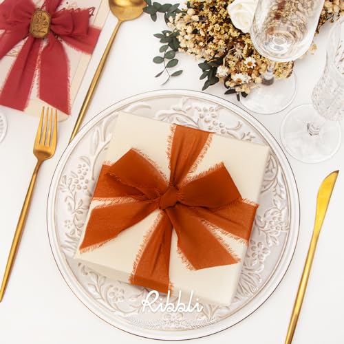 Ribbli Chiffon Silk Ribbon, 1.5 inch x 30 Yard, Champagne/Terracotta/Rust Red Fringe Chiffon Fall Ribbon for Wedding Invitations, Bridal Bouquets Wrapping, Flower Arrangement Decoration - color: Champagne/Terracotta/Rust Red