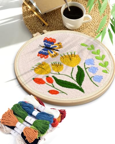 TINDTOP Punch Needle Kits, DIY Punch Embroidery Kits for Adults Beginner, Tool with Punch Needle Fabric, Hoops, Yarns and Sewing Needles (Set F) - color: Set F
