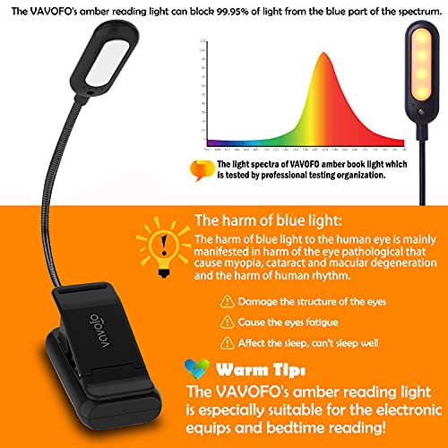 VAVOFO Amber Rechargeable Book Lights, Blue Light Blocking Reading Lights, 7 LEDs Eye Care 9 Colors 9 Brightness Clip On for Bookworms with Power Indicator Lasting 70h (2-Pack, Black) - size: 2-Pack Black