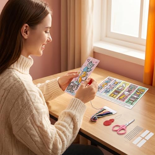5pc Cat Bookshelf Stamped Cross Stitch Embroidery Kit for Adult Beginners - color: SQJ003-01