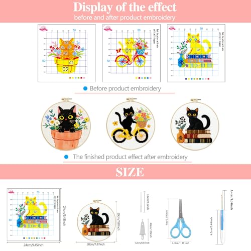 Zhenqing 3-Piece Black Cat Cross Stitch Kit for Beginners - Complete Set with Pre-Printed 11CT 24x24cm Fabric, Hoop, Threads & Tools (3 Adorable Cat Designs)(70403) - color: 70403