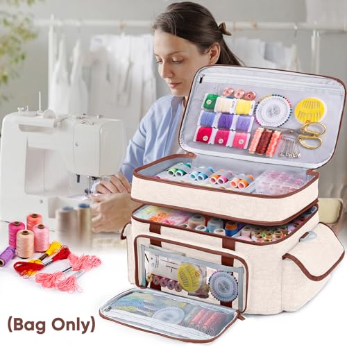 AMOIGEE Large 15" Double-Layer Sewing Organizer Bag w/Detachable Dividers - color: Ivory
