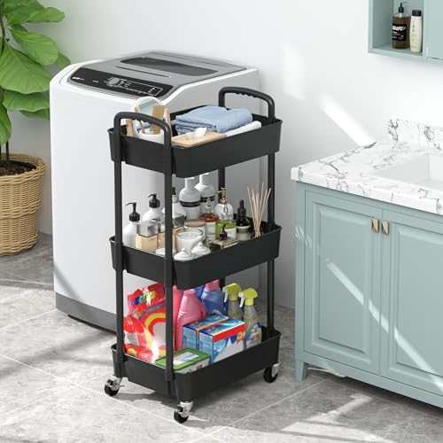 Sywhitta 3-Tier Plastic Rolling Utility Cart with Wheels for Storage,Black - color: Black, size: 3-tier