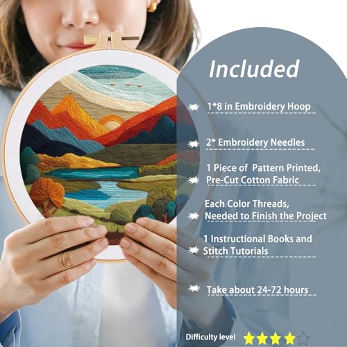 FONNUY Embroidery Kit for Beginners, Brightly Colored Landscape Lake Pre-Stamped Pattern Kits for Adults with Hoop, Easy to Follow Color Thread Needlework, 8'' Hoop (Darkblue) - color: Darkblue