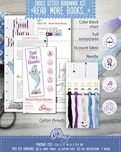 Povitrulya Boooooks' Counted Cross Stitch Bookmark Kit for Adults - DIY Embroidery Book Marker Set with Paper Pattern, 16 Count Aida Canvas and Pre-Sorted Floss - color: Boooooks