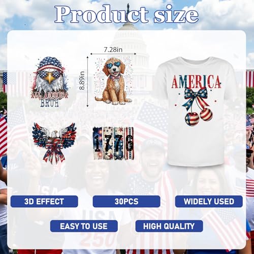 30Pcs Papiailove 4th of July Dtf Transfers Ready to Press Fourth of July Independence Day Iron on Transfers for Tshirts 250th Anniversary Transfer Vinyl Stickers for Clothing Pillows Bag DIY Crafts - color: 4th of July