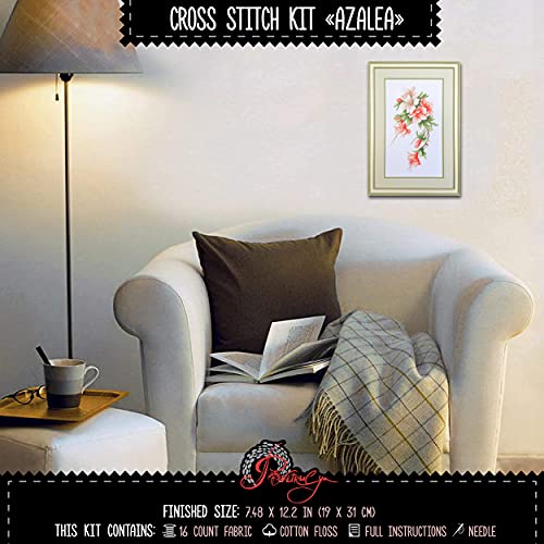 Povitrulya Azalea Embroidery Kit - DIY Flower Counted Cross Stitch Set with Pre-Sorted Floss, Paper Pattern and Banked 16 Count Aida Cloth - color: Azalea