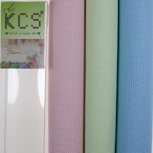 KCS 3 pc of 15" x 18"(38cmx45cm) Counted Cross Stitch Cotton Aida Cloth Needlework Rolled Fabric Box,16CT,Light Blue+Pink+Light Green - color: Light Blue+pink+light Green, size: 16CT