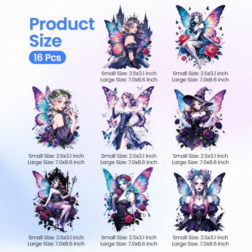 ANATTASOUL Gothic Fairies 16PCS Heat Transfers Ready to Press for T-Shirts - style: Gothic Fairies
