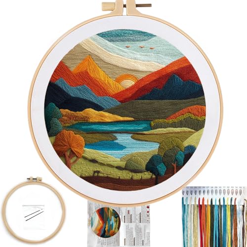 FONNUY Embroidery Kit for Beginners, Brightly Colored Landscape Lake Pre-Stamped Pattern Kits for Adults with Hoop, Easy to Follow Color Thread Needlework, 8'' Hoop (Darkblue) - color: Darkblue