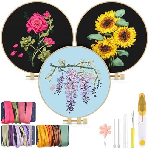 TINDTOP Embroidery Kit for Adult, Ribbon Embroidery Kit for Beginners - color: FLowers(Silk Ribbon Embroidery)