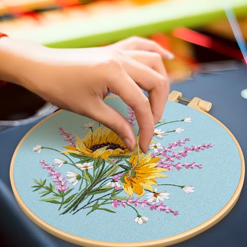 Ponpon 3 Sets Embroidery Kit for Beginners, Embroidery Kit for Adults with Follow Instruction, Cross Stitch Kits with Wooden Embroidery Hoops (Stlye A) - style: Stlye A