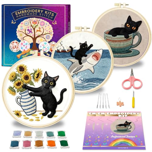 Huacan Embroidery Kit for Adults Beginners with 3 Hoops & Gift Box - color: Cat