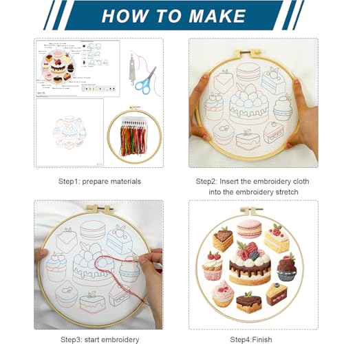 Zhenqing Chocolate Cake Embroidery Kit for Beginners, Pre-Printed 29x29cm Fabric with 20cm Hoop, Threads & Tools, Dessert Design with Macarons and Cupcakes(C0175)