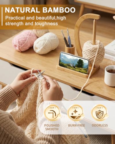 SPEENSUN Magnetic Bamboo Yarn Holder with Phone Stand, Natural - color: Natural
