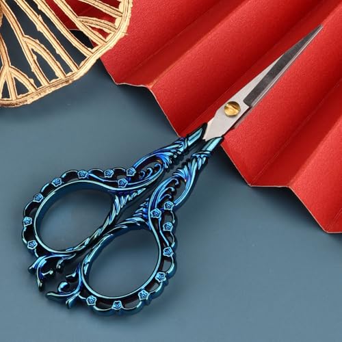 Jasni Pretty Embroidery Scissors 5 Inch Small Sewing Crafting Stainless Steel Vintage peach blossom handle for DIY tools Craft Tailor Threading Shears 2 Packs with cover (Rose gold and Blue) - color: Rose Gold and Blue