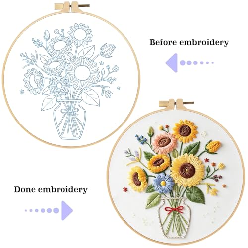 spicssa Embroidery Kit for Beginners, Hand Needlepoint Kits for Adults with Pre-Stamped Patterns, 7.8-Inch Hoop, Threads & Needles, Step by Step Instructions - color: sunflower