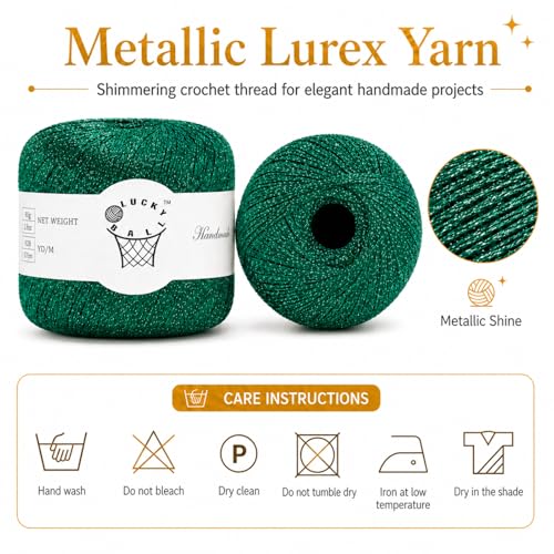 2PCS Metallic Crochet Thread Yarn for Crocheting,Lurex Thread Round Band Yarn with Sparkle Shine for Clothes, Car Charm, Keychain Charm(Green) - color: Green