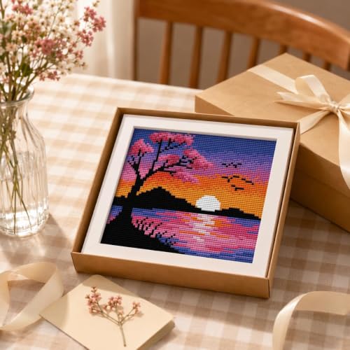 Sunset Landscape Stamped Cross Stitch Kits for Beginners Adults with Framed - color: DKJ030