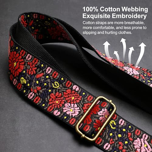 Nefelibata Banjo Strap,2"Wide Double Crazy Horse Leather Jacquard Embroidery Strap Adjustable Replacement,Multi-pattern Strap With Metal Clips - color: A#-pink Embroidery