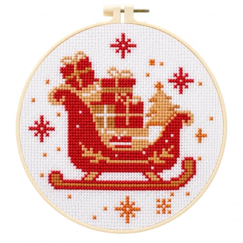Zhenqing Christmas Sleigh Gift Cross Stitch Kit with Hoop - 11CT Pre-Printed 24x24cm Fabric & Complete Tools for Beginners (68341) - style: Christmas Sleigh Gift