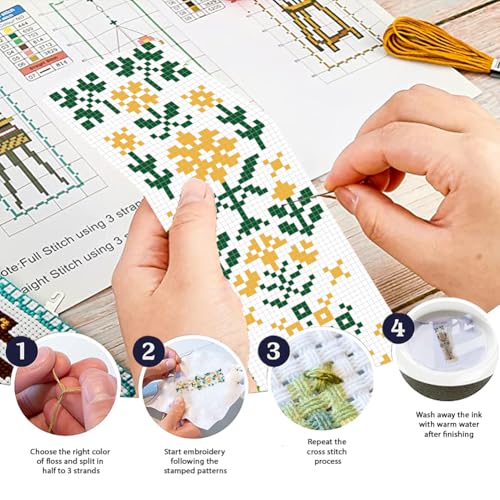 FREEBLOSS 6 Set Cross Stitch Bookmark Kits 11CT 8"x2.4" Flower and Leaves - style: Simple flower branches