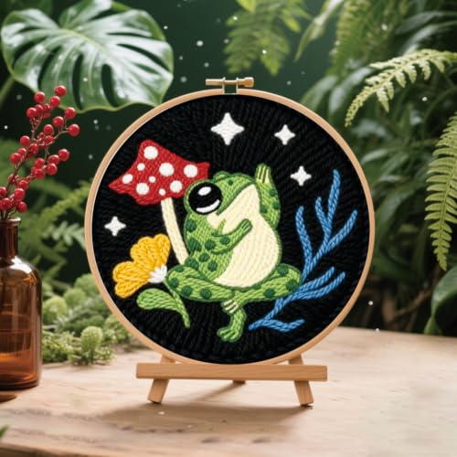 BEUNITONE 2PCS Punch Needle Kit for Adults Beginners, Frog Mushroom Needlepoint Crafts Kit for Adults, Complete Embroidery Starter Kit with Pre-Print Pattern and Hoop for Home Decor 7.9"x7.9" - color: 08-Frog Mushroom
