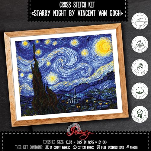 Povitrulya Counted Cross Stitch Kit for Adults 'Starry Night' by Vincent Van Gogh - Impressionist Art - Embroidery Set with Pattern, Famous Painting Design