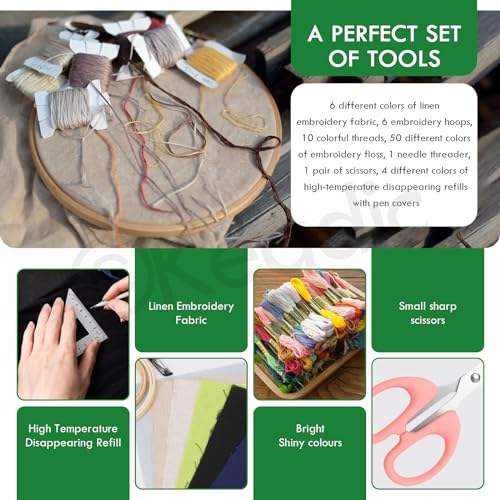 Keadic 78Pcs Embroidery Kit for Beginners, Hand Embroidery Kit Classic Embroidery Stitches Practice Kit, Starter Embroidery Kit for Beginners and Expert