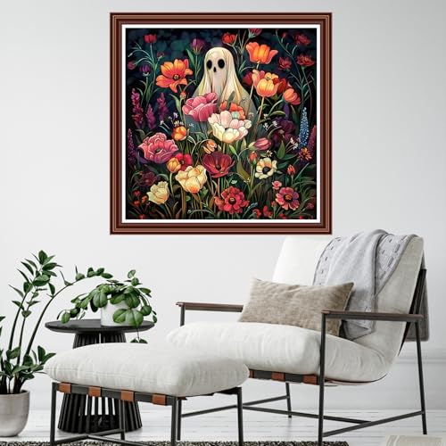 Dimensean Counted Cross Stitch Kit for Beginners, 11CT Unprinted Cross-Stitch Kit Easy Patterns Needlepoint Kit Cross Stitching Embroidery Kit Supplies-Ghost Flowers 18x18 inch - color: ColornNEW11