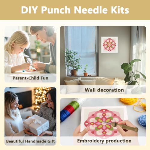 Doodlream Mandala Flower DIY Punch Needle Embroidery Kit for Adult Beginner, 9.4" Geometric Pink Floral Punch Stitching Craft Set for Starter with Frame, Fabric Pattern, Threader, Yarn, Pinch Needle - color: Mandala Flower