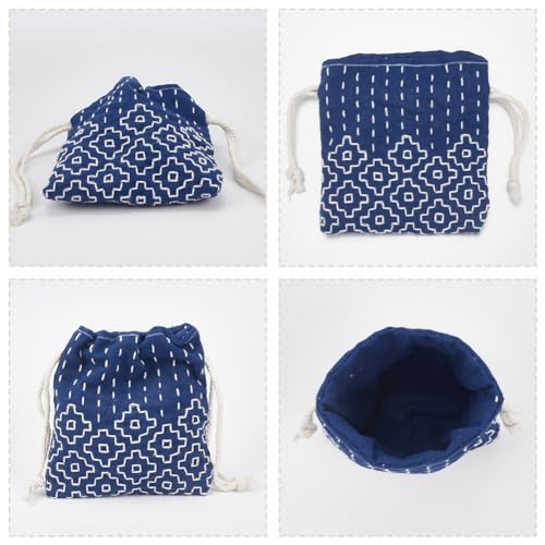 INFUNLY 3 Set Sashiko Drawstring Bag Kits Sashiko DIY Tote Bag Kit Flower Sashiko Fabric Kit for Beginners Make Your Own Tote Bag with Thread Needles Hand Sewing Set for Adults - style: Simple pattern