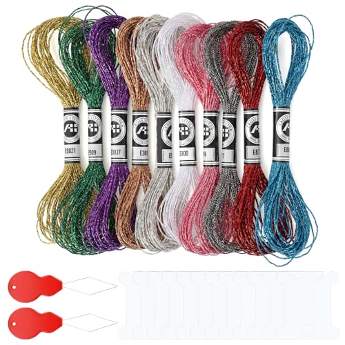 10Colors Metallic Sparkle Embroidery Floss Set, Glitter Cross Stitch Thread Including 10 Skeins Thread, 12pcs Plastic Bobbins and 2pcs Threaders for Cross Stitch DIY Craft (8m 12 Strands)