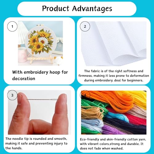 TCDZMYGS 3 Pack Flower Cross Stitch Kits for Beginners,with Hoop 8x8in - color: MY013-MY014-MY015
