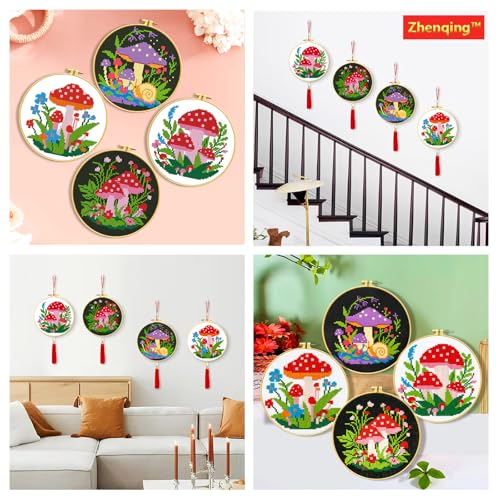 Zhenqing 4 Mushroom Cross Stitch Kit, 11CT Printed Fabric with Hoop - color: 4 mushroom kit