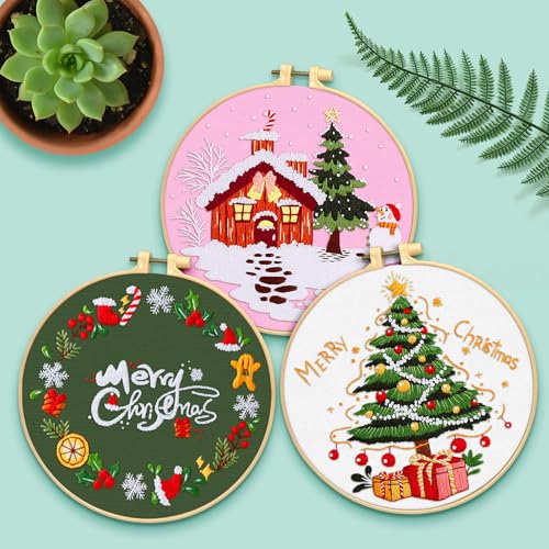 ERKOON 5 Sets Embroidery Kit for Beginners, Christmas Cross Stitch Set with Easy Pattern Embroidery Cloth Hoops Threads for Craft Lover Hand Stitch - color: 5pcs Christmas