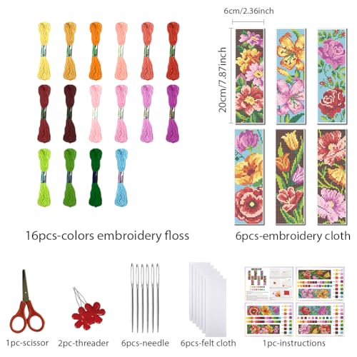 FREEBLOSS 6 Set Stamped Cross Stitch Bookmark Kit Flowers Pattern Cross Stitch Bookmarks DIY Bookmarks Cross Stitch Kits for Beginners Embroidery Bookmarks DIY Kits for Adults - style: Light Flowers