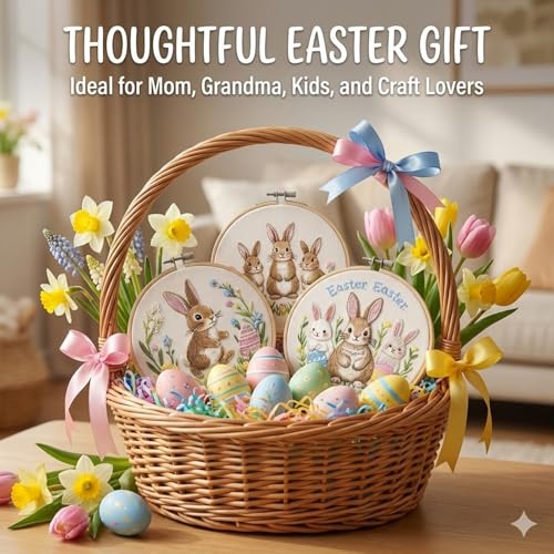 Draxion Embroidery Kit for Adult Beginners, 3 Pack Hand Easter Bunny Embroidery Starter Kit, Cross Stitch Needlepoint Kits with Hoop, Threads and Instructions