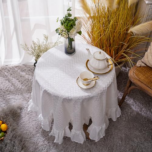 ARTMAGIC French Ruffle Cotton Tablecloth Round Embroidered Table Cloths - size: 60" (Round)