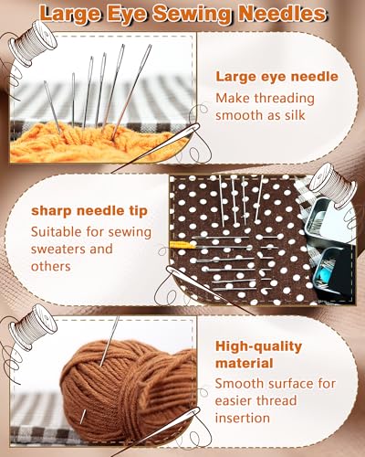 FIVEIZERO 80 PCS Large Eye Sewing Needles, Two 7 Sizes Sewing Sharp Needles, Leather Needle Embroidery Thread Needle, Stainless Steel Yarn Knitting Needles with Threaders for Handsewing Art Crafts - color: Silver 80PCS