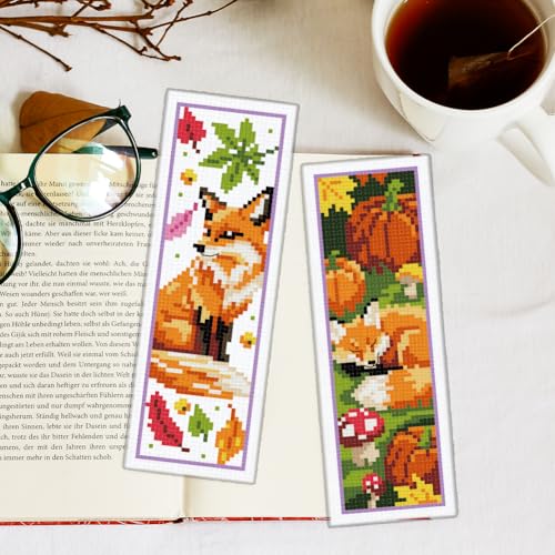 INFUNLY 6pcs Fox Cross Stitch Bookmark Kit for Beginners DIY Leaf Flower Stamped Embroidery Bookmark Kits Pumpkins Needlepoint Kit with Instruction Animal Easy Cross Stitch Set for Book Lovers Readers - style: Fox