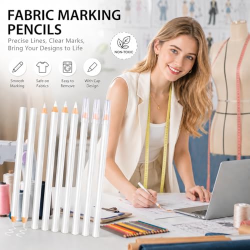 Fabric Marking Pencils 8PCS 17.5cm for Sewing | Washable White with Caps