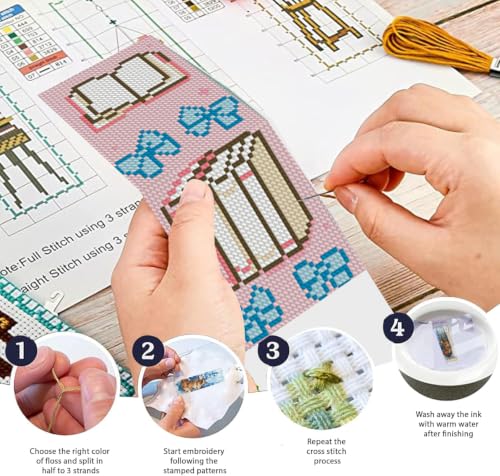KYOQFVN 6 Pcs Pink Cross Stitch Bookmark Kit for Beginner, 14 CT Bow Stamped Cross Stitch Kits, Stamped Embroidery Bookmark Kit with Instructions Hand Craft - color: SQSZX-007-US