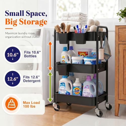 3 Tier Rolling Cart Metal with Wheels,Black Three Tiered Art Cart Organizer - color: Matte Black, size: 3 Tier + Cups + Hooks