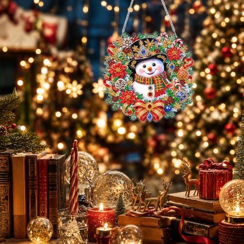 Eiflow Acrylic Christmas Diamond Art Hanging Kit for Adults Wreath, DIY Snowman Diamonds Painting Door Hanger Ornament Kit Wreath Crystal Diamond Art Painting Wall Window Hanging Pendant - color: Christmas Wreath-1